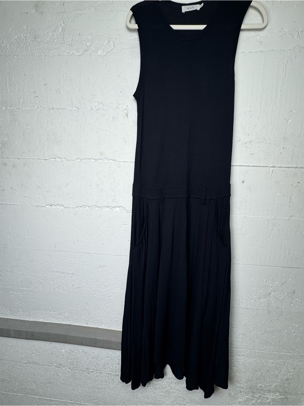 A.L.C. Black Sleeveless Midi Dress Drop Waist Jersey Belt loops Pockets XS